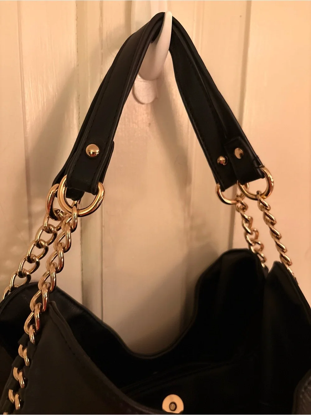 BEBE Colette Black Hobo Shoulder Bag Gold Chain Hardware Large Purse Tote NWOT